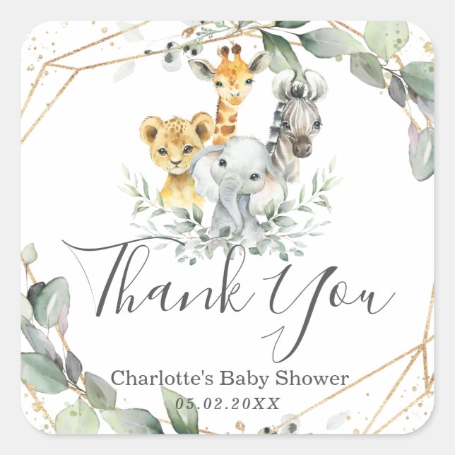 Pegatina Cuadrada Moda Greenery Jungle Animales Baby Shower Cumpleañ (Anverso)