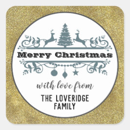 Pegatina Cuadrada Moda Gris blanco negro Feliz Navidad Purpurina de 