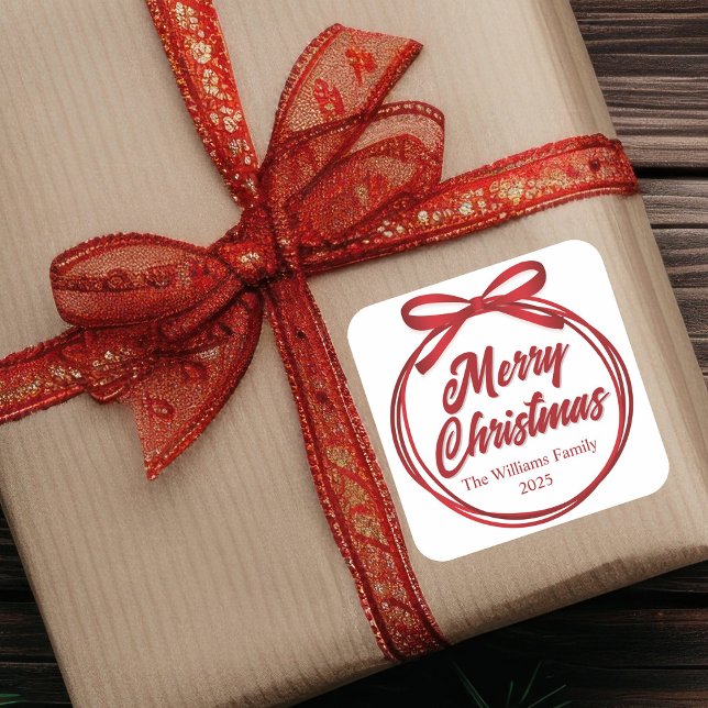 Pegatina Cuadrada Moda Merry Christmas Script Red Ribbon Bow (Subido por el creador)