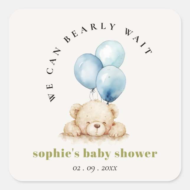 Pegatina Cuadrada Moda mínima Blue Bearly Wait Balloon Baby Shower (Anverso)