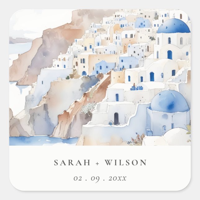 Pegatina Cuadrada Moda mínima Santorini Grecia Boda acuarela (Anverso)