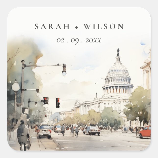 Pegatina Cuadrada Moda Mínima Washington DC, Boda de acuarela de EE. (Anverso)