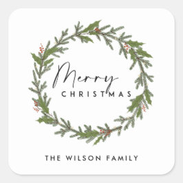PEGATINA CUADRADA MODA MODERNA ELEGANTE HOLLY BERRY WREATH NAVIDADES