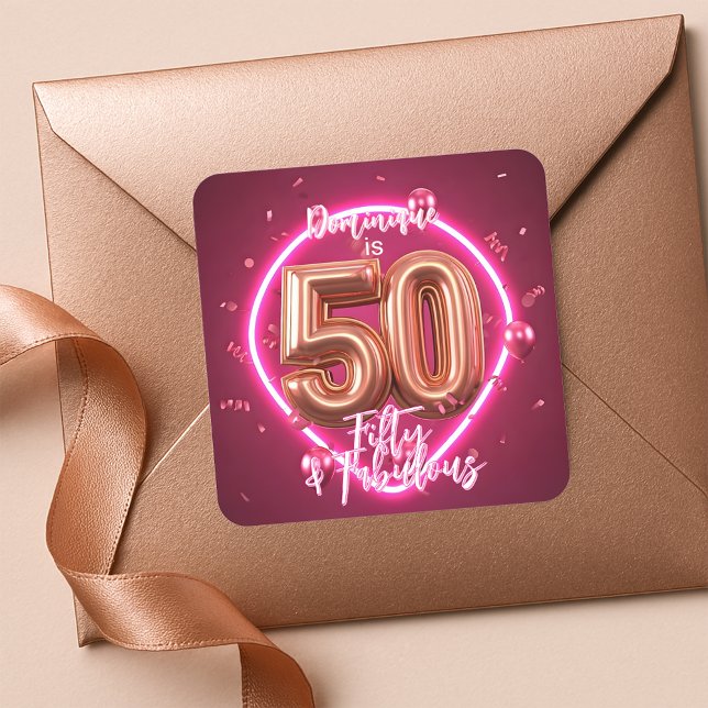Pegatina Cuadrada Moda moderna Neon Glow Rosa Gold 50 cumpleaños (Subido por el creador)