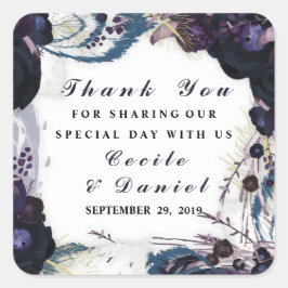 Pegatina Cuadrada Moda Morado Floral Boda de Invierno Gracias Por Fa