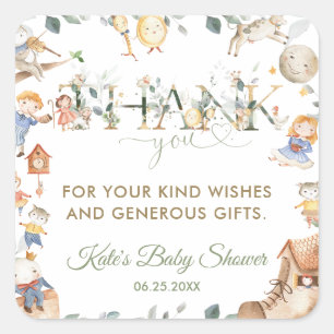 Pegatina Cuadrada Moda Nursery Rhyme Greenery Baby Shower Boy Chica
