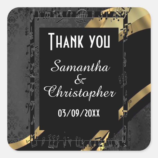 Pegatina Cuadrada Moda oro y damasco negro gracias (Anverso)