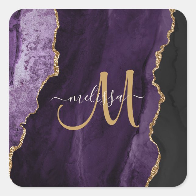 Pegatina Cuadrada Moda Purpurina de oro morado Agate Personalizado M (Anverso)