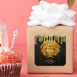 Pegatina Cuadrada Moda Purpurina oro Drip Medusa Script Haute Coutur