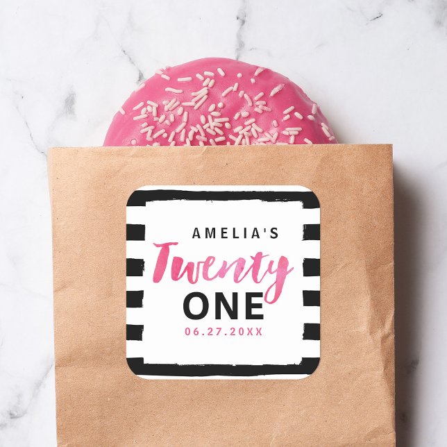 Pegatina Cuadrada Moda Rayas blancas y negras Pink 21º cumpleaños (Subido por el creador)