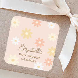 Pegatina Cuadrada Moda retro simple Daisy Boho Chica Baby Shower