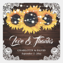 Pegatina Cuadrada Moda Rústica Wood Lace Sunflower Boda Gracias