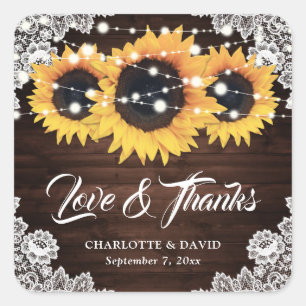 Pegatina Cuadrada Moda Rústica Wood Lace Sunflower Boda Gracias