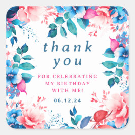 Pegatina Cuadrada Moda Watercolor Floral Cumpleaños Gracias