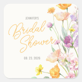 Pegatina Cuadrada Moda Wildflower Script Bridal Shower