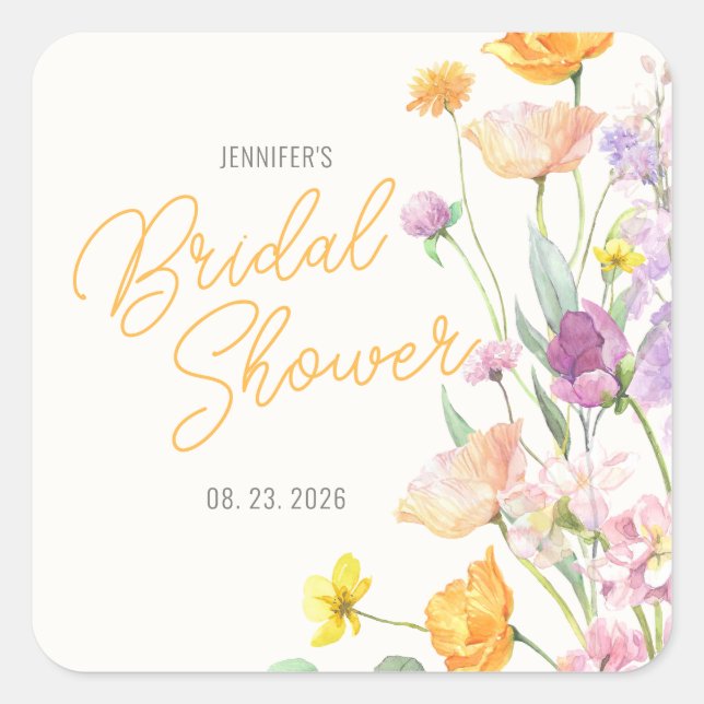 Pegatina Cuadrada Moda Wildflower Script Bridal Shower (Anverso)