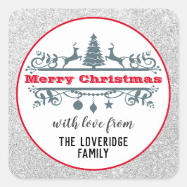 Pegatina Cuadrada Moda y Purpurina de plata navideña roja festiva