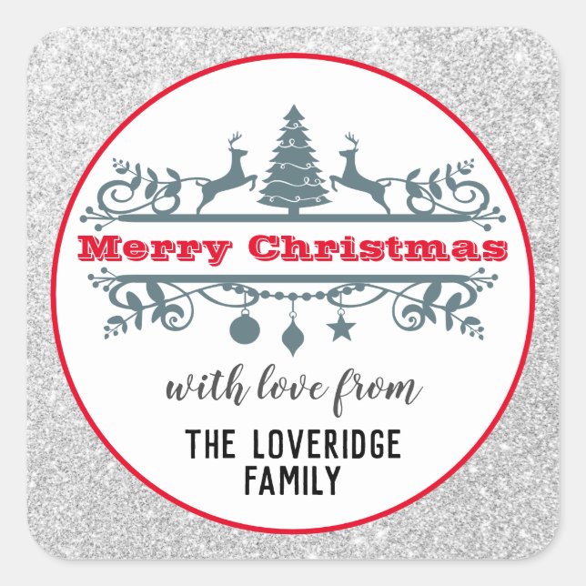 Pegatina Cuadrada Moda y Purpurina de plata navideña roja festiva (Anverso)
