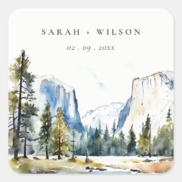 Pegatina Cuadrada Moda Yosemite Parque Nacional CA Boda acuarela