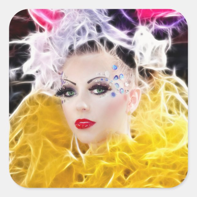 Pegatina Cuadrada Modelo superestrella en traje amarillo (Anverso)