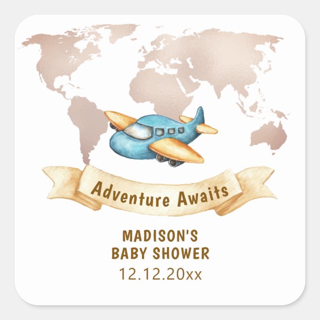 Pegatina Cuadrada Modern Adventure World Map Airplane Baby Shower  (Anverso)