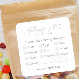 Pegatina Cuadrada Modern Bakery Line Art Allergy Alert