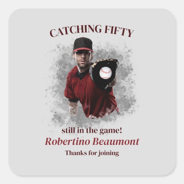 Pegatina Cuadrada Modern Baseball Catching Fifty Men's 50th Birthday (Anverso)