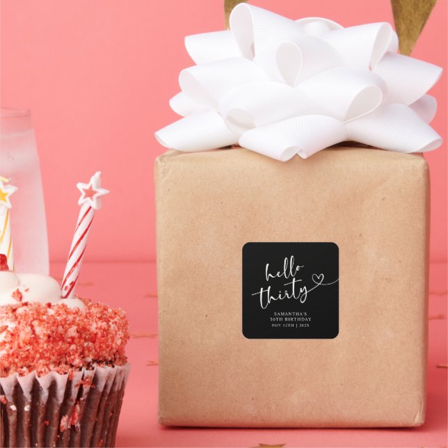 Pegatina Cuadrada Modern Black and White Hello 30th Birthday (Fiesta)