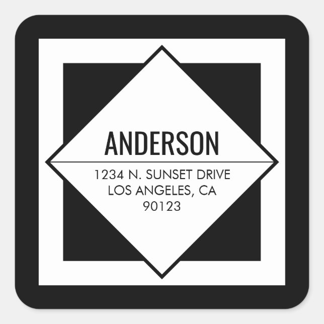 Pegatina Cuadrada Modern Black & White Geometric Return Address  (Anverso)