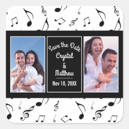 Pegatina Cuadrada Modern Black White Music Notes Photo Save the Date