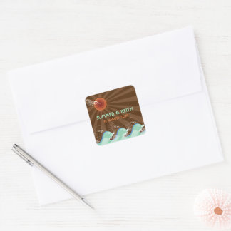 Pegatina Cuadrada Modern Blue Waves Brown Sun Summer Beach Wedding
