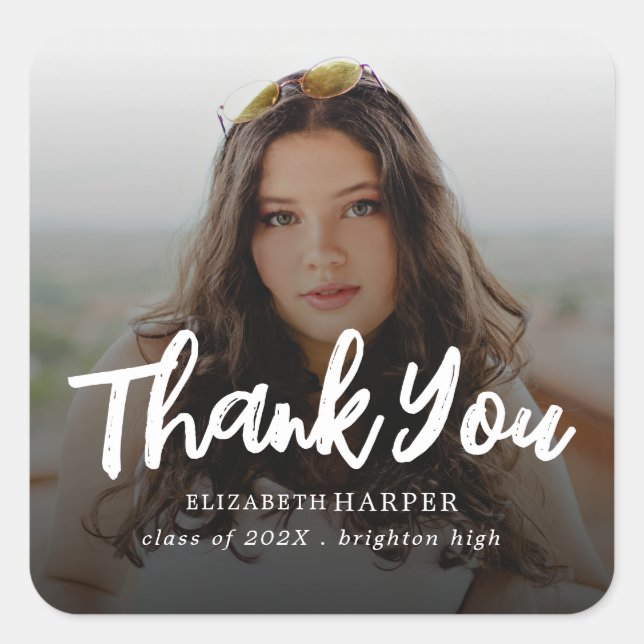 Pegatina Cuadrada Modern Brush Script Photo Graduation Thank You (Anverso)