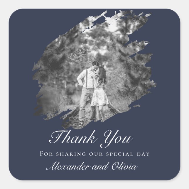 Pegatina Cuadrada Modern Brushstroke Photo Wedding Favor Navy Blue (Anverso)