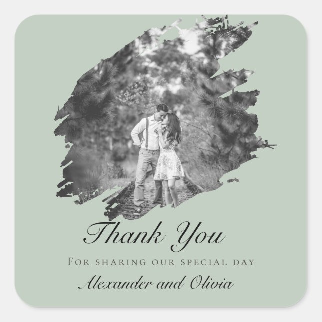 Pegatina Cuadrada Modern Brushstroke Photo Wedding Favor Sage Green (Anverso)