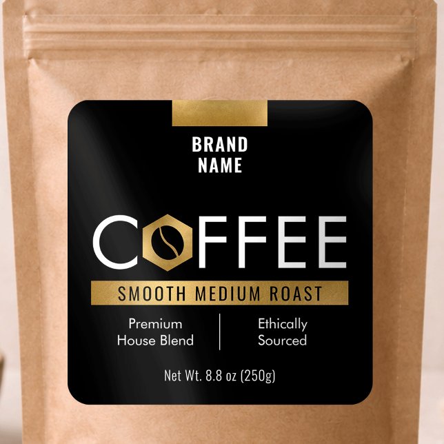 Pegatina Cuadrada Modern Coffee Beans Pouch Jar Black & Gold (Subido por el creador)