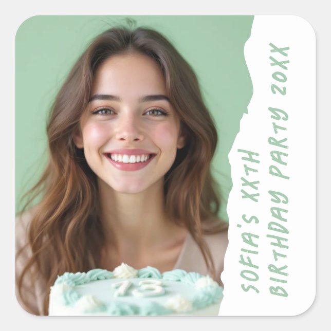 Pegatina Cuadrada Modern Custom Pic Name Year Birthday Party Any Age (Anverso)