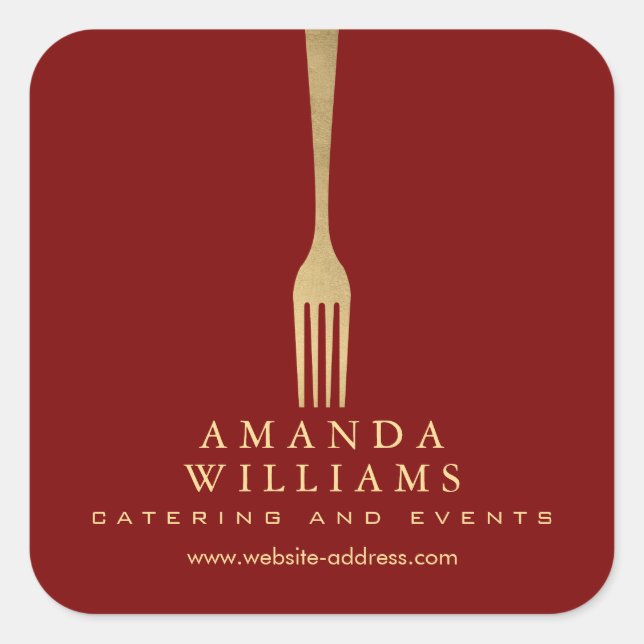 Pegatina Cuadrada Modern Faux Gold Fork Catering Logo on Red (Anverso)