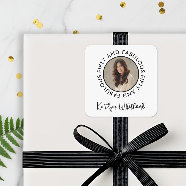 Pegatina Cuadrada Modern Fifty and Fabulous Bold 50th Birthday Party (black and white 50 and fabulous bold 50th birthday party stationery stickers for modern for her)