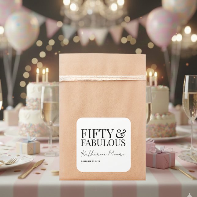 Pegatina Cuadrada Modern Fifty and Fabulous Bold 50th Birthday Party (Subido por el creador)