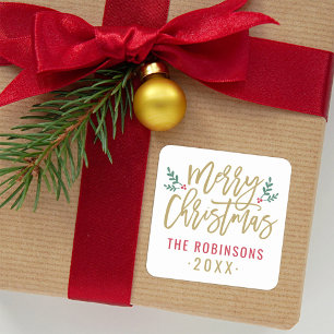 Pegatina Cuadrada Modern Gold Script Feliz Navidad Apellido