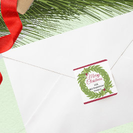 Pegatina Cuadrada Modern Green Wreath Merry Christmas Personalized