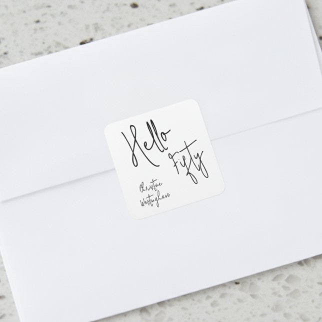 Pegatina Cuadrada Modern Hello Fifty Script 50th Birthday Party  (Subido por el creador)