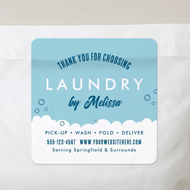 Pegatina Cuadrada Modern Laundry Service Blue & White Thank You (Thank you for order laundry business stickers with your business name or logo)