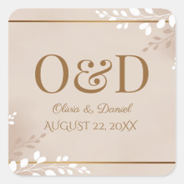 Pegatina Cuadrada Modern Luxe Neutral & Gold Monogram Wedding