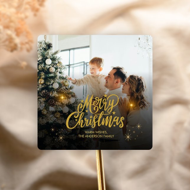 Pegatina Cuadrada Modern Merry Christmas Family Photo (Modern Christmas Family Holiday Sticker)