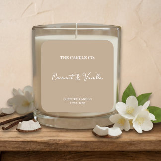 Pegatina Cuadrada Modern Minimalist Beige Script Candle Label 
