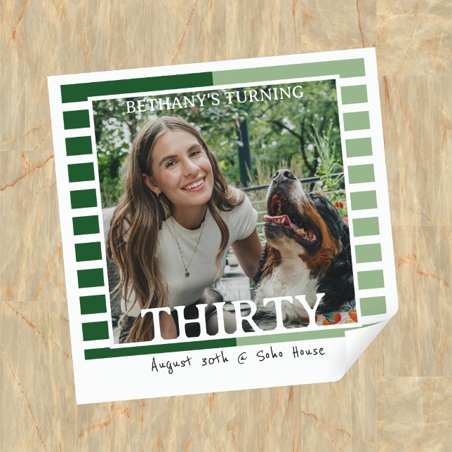 Pegatina Cuadrada Modern Minimalist Striped 30th Birthday Photo (Celebrate the beginning of a new decade with this Modern Minimalist Striped 30th Birthday Sticker!)