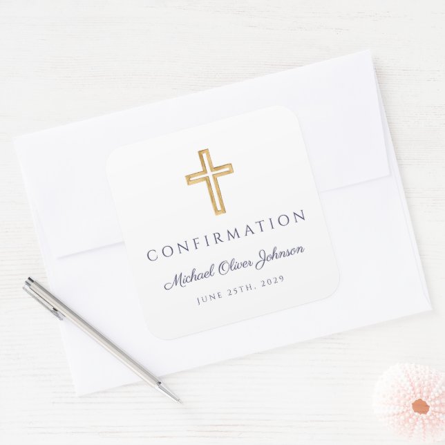 Pegatina Cuadrada Modern Navy Blue Religious Cross Boy Confirmation (Sobre)