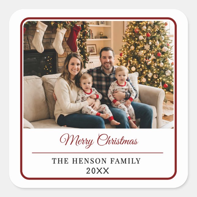Pegatina Cuadrada Modern Personalized Family Photo Merry Christmas  (Anverso)