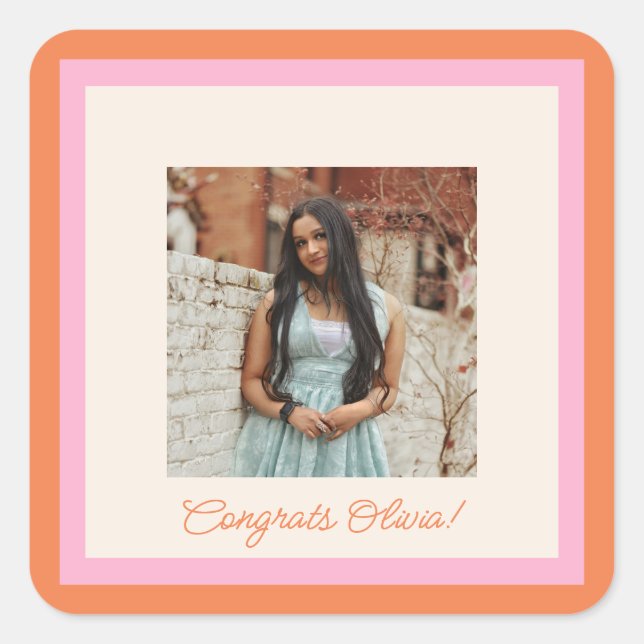 Pegatina Cuadrada Modern Pink and Orange Border Photo Graduation (Anverso)
